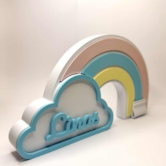 Regnbue og sky med navneskilt